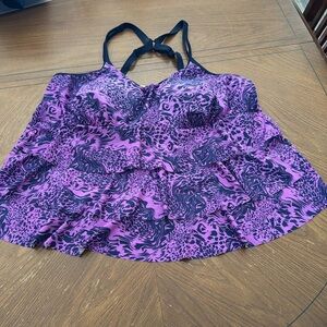 Purple & navy blue animal print layered ruffle tankini top size 2X soft cup bra
